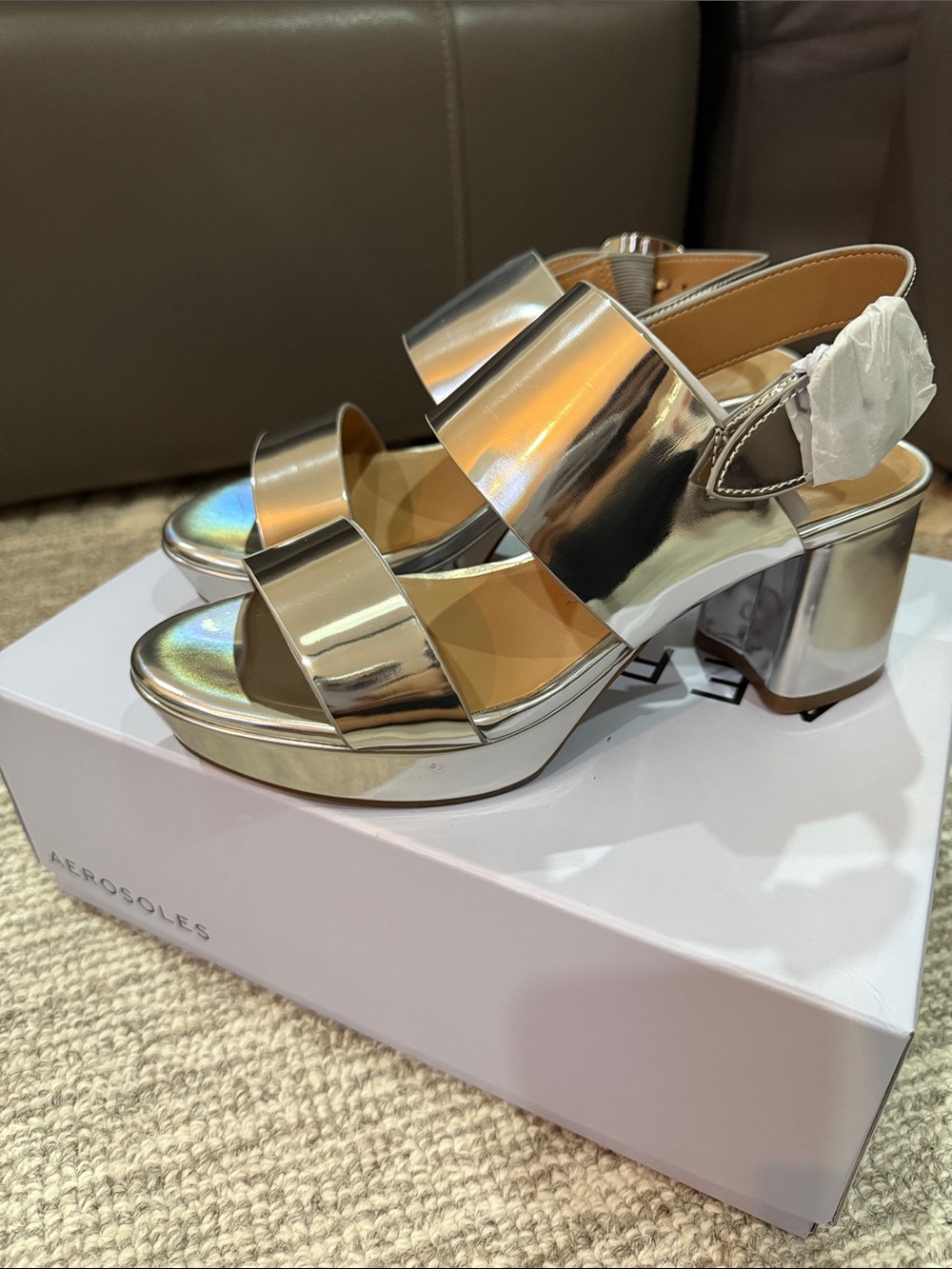 AEROSOLES Camera Metallic Silver Block Heel Sandal